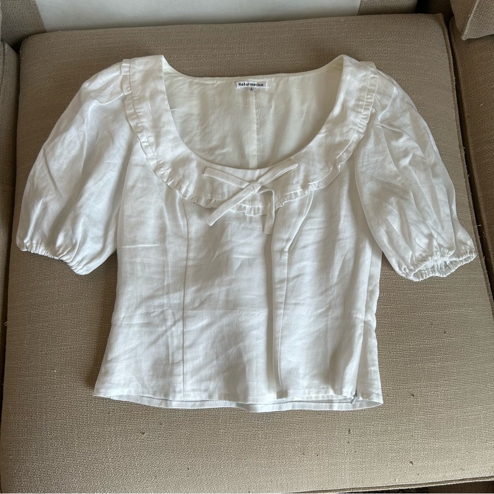 Reformation Greta Linen Top - White Puff Sleeve Bow - Picture 4 of 9